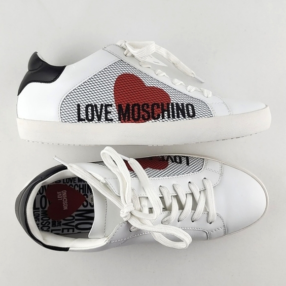 NWT Love Moschino Women's White Black Leather Low Top Sneakers Logo  Size 10/41 - Picture 13 of 16